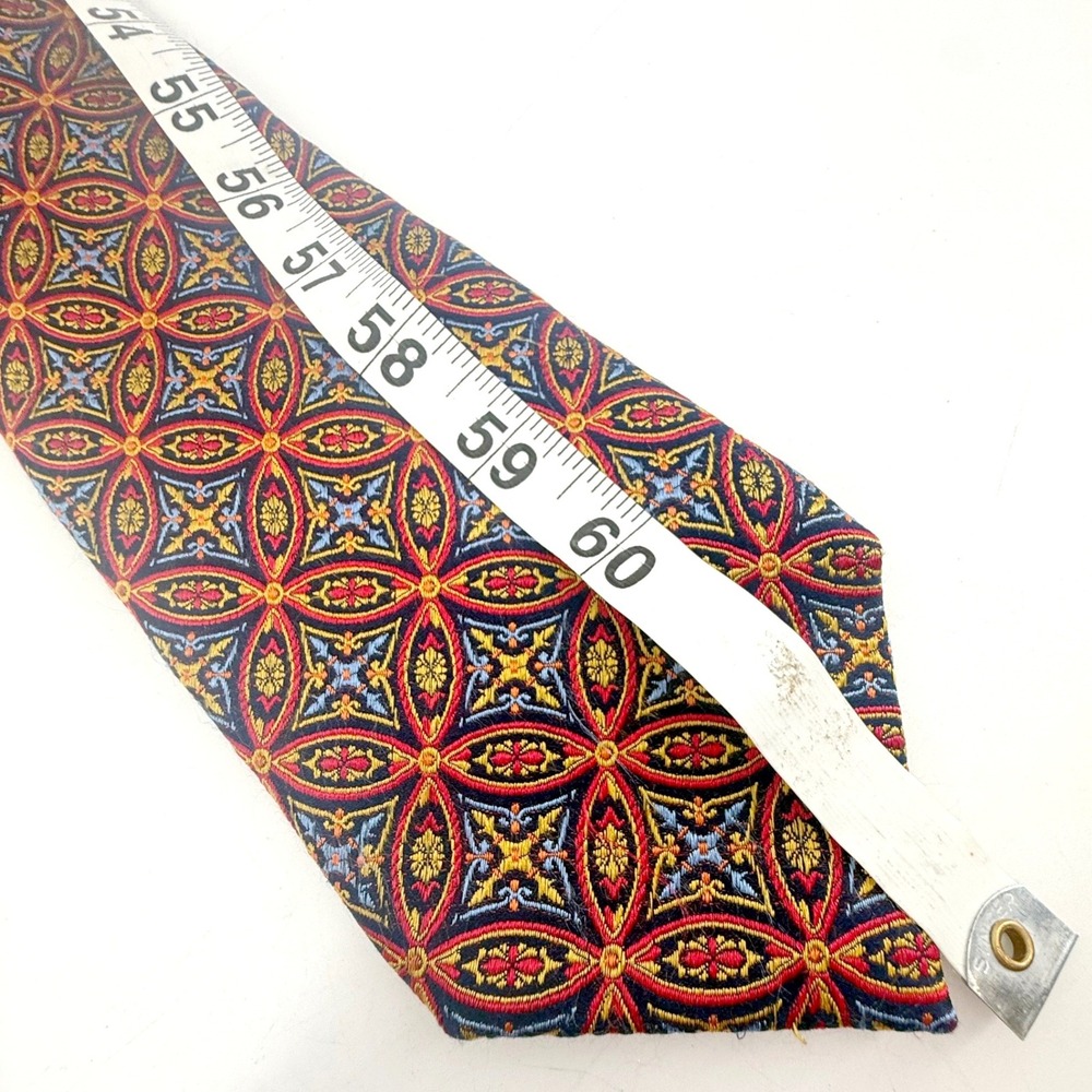 Haines & Bonner London Tie Mens OS Navy Red Gold Silk Geometric Medallion - Picture 7 of 8